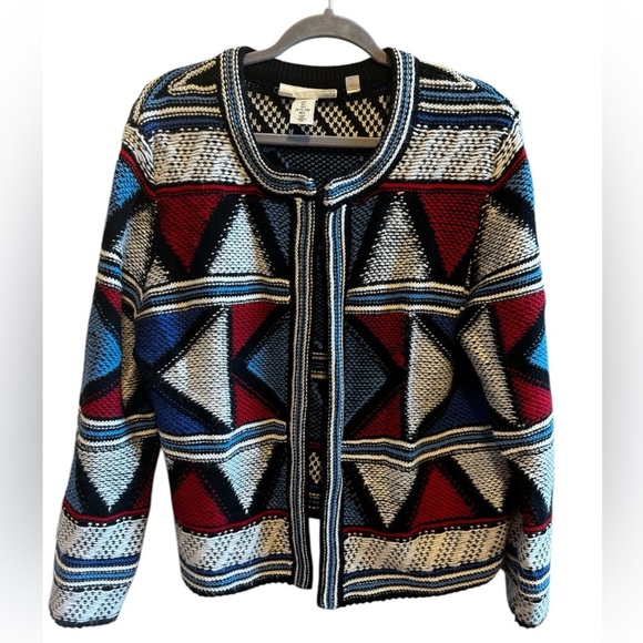 H&M Label Graded Goods Red White Blue Geometric Patchwork Cardigan Sweater Sz L - Picture 1 of 9